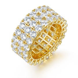 Gemsme 3 Row Cubic Zirconia Ring, 14K Yellow Gold 3 Row Cubic Zirconia Eternity Statement Ring for Women (Yellow Gold Plated, 6.5)