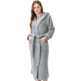 DAVID ARCHY Plush Robes for Women Warm Thick Fleece Fluffy Luxury Cozy Soft Hooded Bathrobe Winter House Full Length(L,Medium grey)