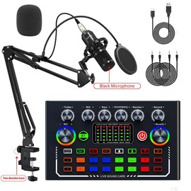 F009 Live Sound Card Broadcast quipment,Audio DJ Mixer with Microphone Set Voice Changer Podcast Studio Device For wireless Bluetooth Live Streaming - Color: F009 Black Microphone Set