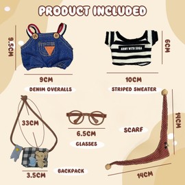 Xerteam Braun 5 Stück 17cm Plüsch Puppenkleidung, Retro Mode Kleidung Zubehör Set, Schwarz-weiß Gestreiftes Oberteil, Jeans-Overall, Segeltuchtasche, Schal, Braune Brille, Geschenke für Mädchen Jungen