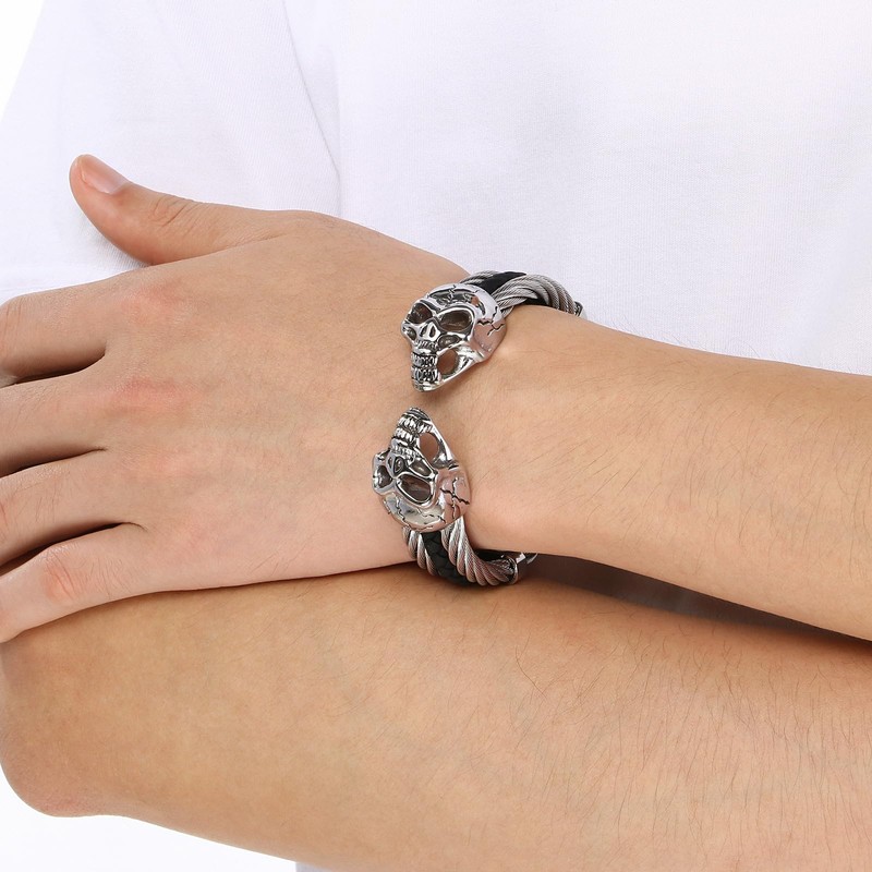 Klapgo Men's Gothic Skull Bracelet Stainless Steel Cable and Leather