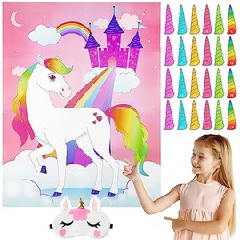 JOYIN Pin The Horn on The Unicorn Party Game with a 28" x 21" Poster, 24 Horns, 1 Eye Mask for Unicorn Party Favors Kids Birthday Party Supplies & Decorations