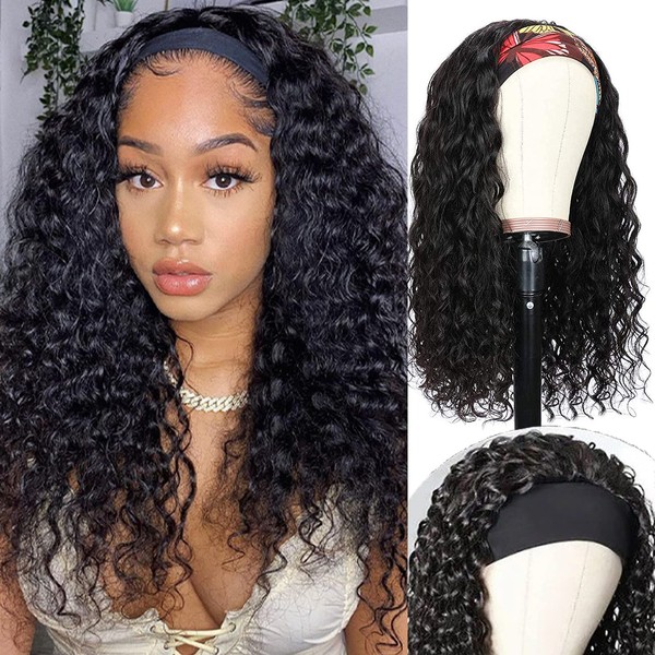 Deep Wave Headband Human Hair Wigs None Lace Front Wigs Brazilian Virgin Human Hair 150% Density Natural Black Color Full Thick Ends Curly Half Wigs