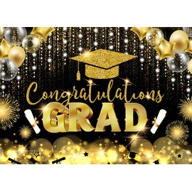 LYRYGS 8X6ft Graduation Backdrop Congrats Graduation Prom Backdrop Celebrating Grade Party Decorations Black and Golden Balloons cp-496-0806