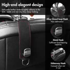 KQLACCO Car Hooks for Hadrest,Upgraded 2 in 1 Bag Purse Hook for Car,Leather car Bag Hooks with American Flag,Car Organizers and Storage for Headrest,Fit for Universal Vehicle,2 Pack (Black)