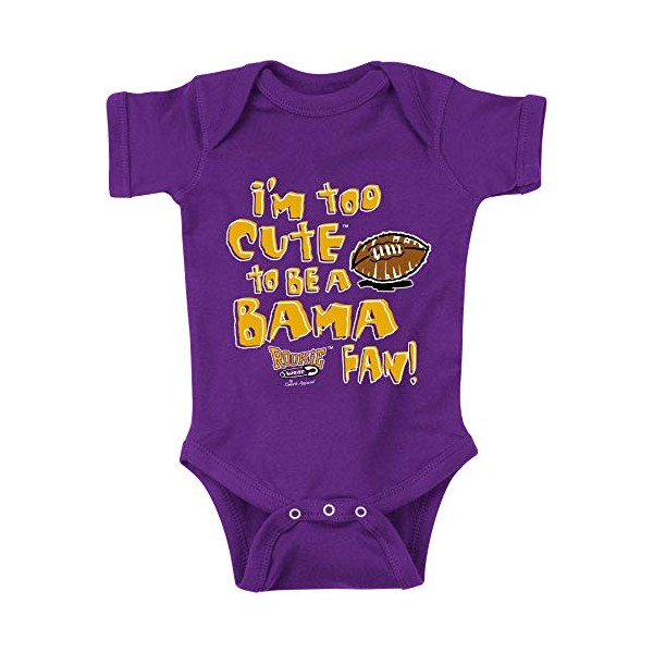 Smack Apparel LSU Football Fans. I'm Too Cute to be a Bama Fan. Purple Onesie (NB-18M) (Onesie, 18 Month)