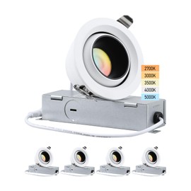 TORCHSTAR 3 Inch Gimbal Recessed Light, 5CCT Anti-Glare Narrow Frame Classic Deep Baffle, CRI90 Dimmable 694lm Adjustable Eyeball Spotlight, 2700K3000K3500K4000K5000K Selectable, ETL, Pack of 4