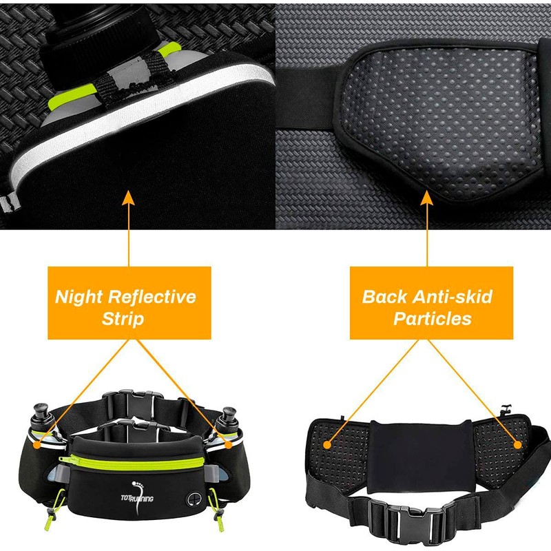 Adjustable Running Belt with Zip Pocket, 2 Water Bottles, 2