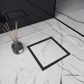 Heaorld Square Shower Drain, 6 Inch Shower Floor Drain Kit with Flange, 2 in 1 Reversible Tile Insert Grate Removable, Hair Catcher, SUS 304 Stainless Steel, Matte Black