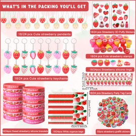 Landical 194 Pcs Sweet Strawberry Party Favors Includes Pendant Keychain Silicone Ring Bracelet Stickers Party Tags Organza Bag Stampers for Baby Shower Birthday Party Class Reward