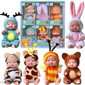 SOMKHA 6 Pcs Mini Baby Dolls with Cute Animal Outfits - Realistic Toddler Toys for Kids, Endless Play Fun