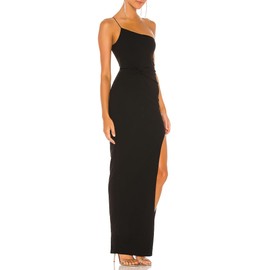 JLCNCUE Women Spaghetti Strap One Shoulder Bodycon Maxi Dress Thigh High Slit Formal Dress Knot Ruched Waist Cocktail Dress(S,Black)