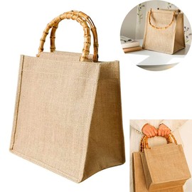 DDFF Jute Handbag, Shopping Bag Made of Jute, Bamboo Shopping Bag with Ring Handles, Bag with Bamboo Handle, for Shopping, Picnic, Gifts, Travel, Beach, brown