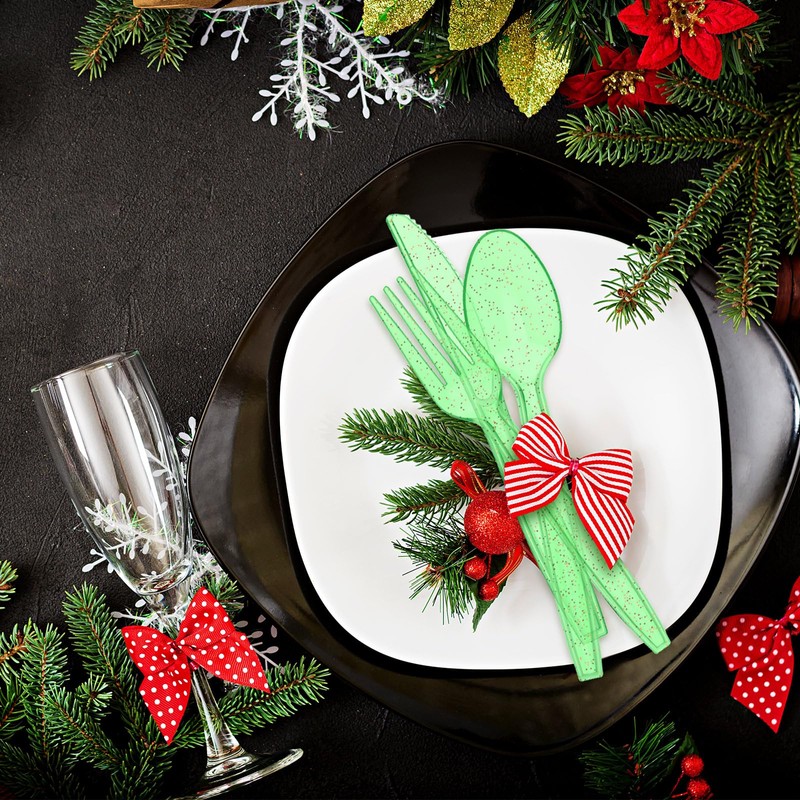 Lasnten 180 Pieces Glitter Plastic Silverware Set Red Green Colorful