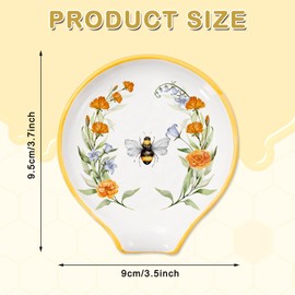 Whaline 2Pcs Bee Spoon Rest Vintage Bee Flower Ceramic Spoon Holder Watercolor Bee Day Sauce Dishes Summer Ring Dish for Kitchen Office Summer Bee Day Party Decor