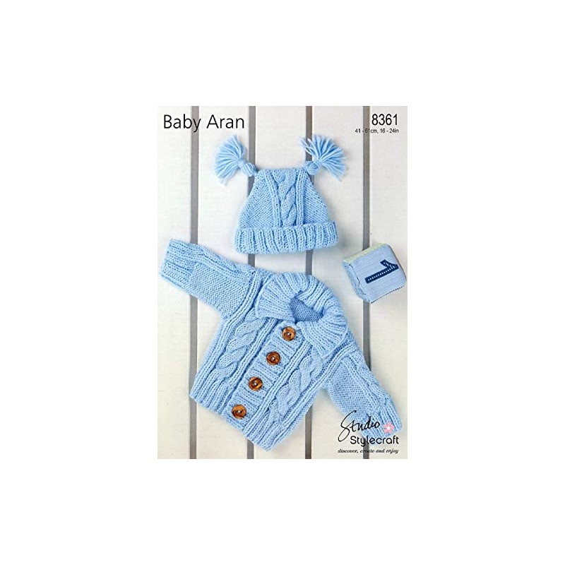 Stylecraft Baby Aran Knitting Pattern 8361 - Cardigan & Hat.