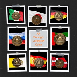 Foreign Language Alcoholics Anonymous AA Coins: Unique Sobriety Gifts in 8 Languages with Gift Box - Available for All Years