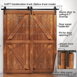 AONAYIOA 6.6 FT Bypass Sliding Barn Door Hardware Kit, Combination Track Mode Sliding Door Hardware, Double Wooden Doors Use Single Track Bypass Barn Door Hardware Fit for Door Opening 77" (6.6 Feet)