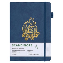 Scandinote A5 Bullet Dotted Journal - Navy Blue, 208 Pages, 120gsm Paper, Vegan Leather Cover, 3 Bookmarks, Pen Loop, Pocket, Index, 180° Lay-Flat, 5mm Dot Grid for Bullet Journaling & Planning