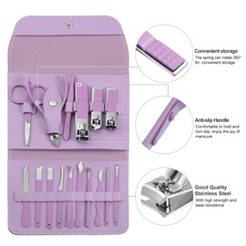 VOCOSTE Manicure Set Professional Nail Clippers Pedicure Kit for Hand and Foot Nails Stainless Steel Nail Kit with PU Leather Case 16pcs Purple