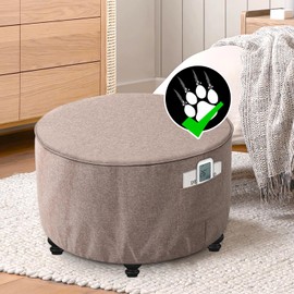 H.VERSAILTEX Round Ottoman Cover Thick Linen Look Ottoman Slipcover Round Ottoman Storage Cover Folding Stool Covers Furniture Protector Cover for Footrest Ottoman Fit Dia 24" - 26", Heather Taupe