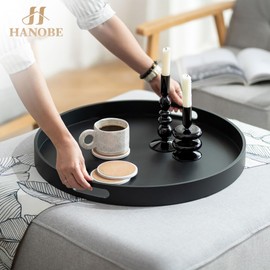Hanobe Ottoman Tray Serving Decor: Round Large Coffee Table Black Decorative with Handles for Home Living Room