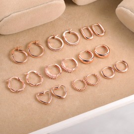 Gold Hoop Earrings Set, 9 Pairs of 14 Carat Real Gold-Plated Hoop Earrings, Gold, Small, for Women, Hypoallergenic Cartilage Huggie Hoop Earrings with AAA+ Zirconia Twist Heart Piercing Earrings Gold