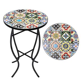 Outdoor Mosaic Side Table - Small Patio Table Coffee Table Outside Accent Table Round End Plant Table for Bistro Balcony Porch Outdoor Benches 14''