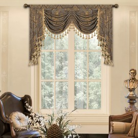 Loom and Mill Luxury Jacquard Waterfall Valance for Living Room, Classic Antique Swag Window Valances with Tassels, Bronze Gold Swag Curtains for Bedroom Banquet Holiday Decoration(W59Inch,1 Panel)