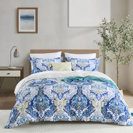 Uniclinens Damask Duvet Cover King - Blue Painting Duvet Cover Set, 100% Cotton King Size Set with Zipper Closure and 8 Ties, 1 Duvet Cover (90”x 104”) & 2 Pillow Shams (20“x 36”), No Comforter