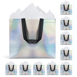 Nihuecne 10 Pack Glossy Iridescent Holographic Gift Bags with Tissue Papers, 13'' Reusable Non-woven Party Bags with Handles & Sturdy Base for Birthday, Wedding, Holiday, Anniversary and More