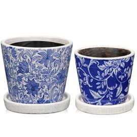 Set of 2 Ceramic Blue and White Plant Pots with Drainage Hole and Saucers, Vintage Farmhouse Accent Planters for Indoor Plants, Round Flower Pots Rustic Succulent Pots Terracotta Tubs 5.7/4.7 Inch