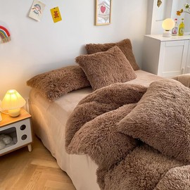 Roscloud Faux Fur Coffee Colorful Comforter Sets Twin/Full - 3PC Bed Set Ultra Warm Soft Skin Friendly Rabbit Plush Flannel Velvet Fluffy Fuzzy Bedding（Comforter x 1 Pillowcases x 2）