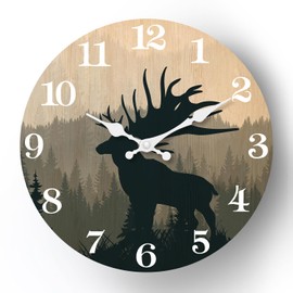 XFM Rustic Elk Deer Wall Clock 12 Inch Vintage Mountain Forest Wooden Clocks Silent Non-Ticking Battery Operated Decorative Round Clock for Cabin Kitchen Farmhouse Decor