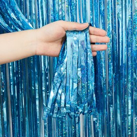 PVEGOS 4PCs 3.3 x 8.3 ft Laser Light Blue Glitter Tinsel Curtains Foil Curtain Backdrop.Laser Luminescent Particles Foil Fun Fringe Streamers for Party Birthday Decoration,Engagement,School Events