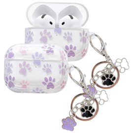 HSMYDBCYC Case Compatiable for AirPods 4 2024 Generation,Cute Pattern Soft TPU Clear Protective Cover Case with Keychain and Carabiner for Girls Women for AirPods 4th (Purple Dog Paws)