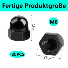 QZKJQDD 20 Stück Hutmuttern M6 Edelstahl, Hutmuttern M6, Sechskant Hutmuttern, Sechskant Hutmuttern A2 V2A Kappenmuttern für Schrauben Gewindestangen Gewindebolzen (Schwarz)