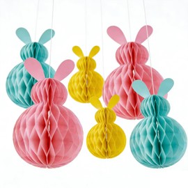 6 Pcs Easter Hanging Decorations,Paper Honeycomb Bonnet Bunny Rabbit Decor 3D Spring Easter Tree Decor Ball Pendant Festive Table Hanging Ornaments Set for Home Wooden Door Window Garden Party Scene