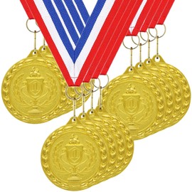 Donrime Medals for Kids, 12 Pieces Gold Metal Medals Winner Medal with Ribbon Necklace for Sports Day Prizes, Gymnastics Competitions, Party Favors, Kids Adults