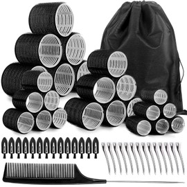 Zefphxs 54 PCS Hair Rollers with Clips, Black Velcro Rollers for Hair, Jumbo Large Medium Small Hair Curlers Rollers for Long Medium Short Thick Fine Hair DIY Hairdressing (Black)