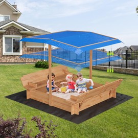 Wood Sandbox with Lid and Canopy, Spacious Outdoor Play Area with Foldable Bench Seats Adjustable Canopy for Kids Ages 3-8, Sand Pit with Cover Bottom Liner for Backyard Garden Beach