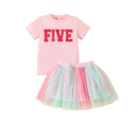 ATCTBOGFS Toddler Kids Baby Girls Birthday Outfit Two/Three/Four/Five/Six Embroidery T-shirt Colorful Rainbow Mesh Tulle Tutu Skirts Summer Spring Clothes 2PCS