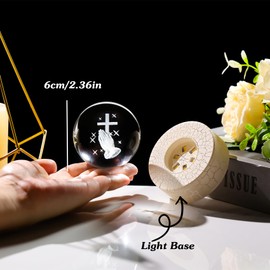 2.36in. Miniatured Cross with Praying Hands Religious Gifts for Women Man, Christian Gifts for Friend, 3D Glass Engraved Cross K9 Crystal Ball with Light Base for Home Office Decoration