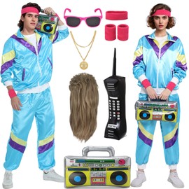 Mrsclaus Mrsclaus 80er 90er Jahre Outfit für Herren Damen Jogginganzug Trainingsanzug Kostüm Erwachsene Disco Karneval Partnerkostüme Set mit Pop Rock Perücke Radio Telefon C055M