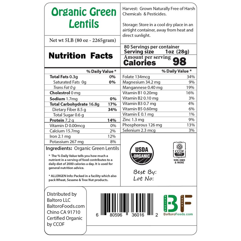 Organic Green Lentils Whole Raw, High Fiber Non-GMO-Bulk (1LB)
