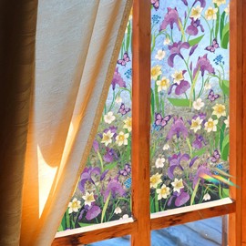 Runtoo Window Privacy Film Rainbow Purple Flowers Window Clings 3D Decorative Vinyl Stained Glass Butterfly Floral Decals Static Sticker Non-Adhesive, 15.75 x 40 inches