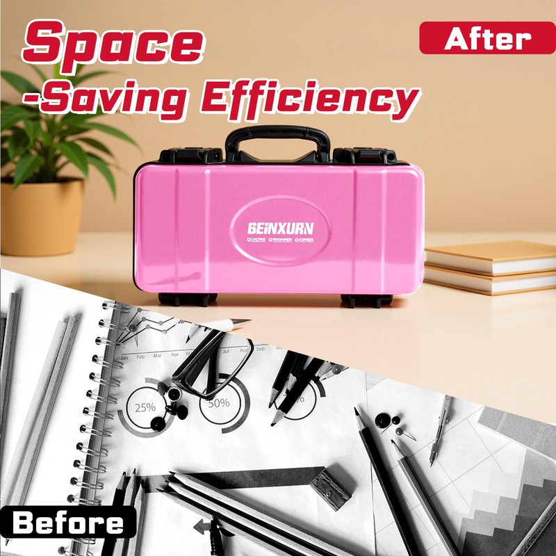 Geinxurn 11”Pink Tools Box, Portable Steel Heavy-duty Tool Case with