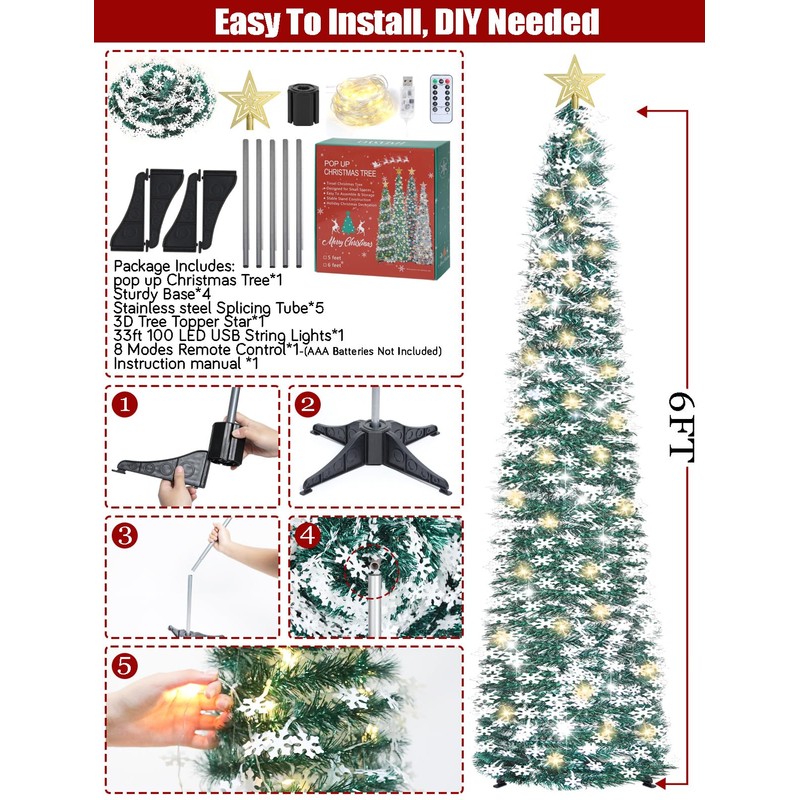 HMASYO 6 FT Pop Up Tinsel Christmas Tree with 100