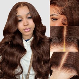 MUGOHK Brown Wear and Go Glueless Wigs Human Hair Pre Cut 22 Inch 9x6 Chocolate Brown Body Wave HD Lace Front Wig Pre Plucked Bleached Knots #4 Dark Brown Closure Wigs 200 Density for Women