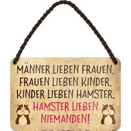 WOGEKA ART HS1033 Retro Tin Sign - Männer liebe Wrauen, Hamster liebe niemanden - Funny Saying as a Gift Idea for Birthday, Christmas as Decorative Sign 18 x 12 cm Metal Hanging Sign